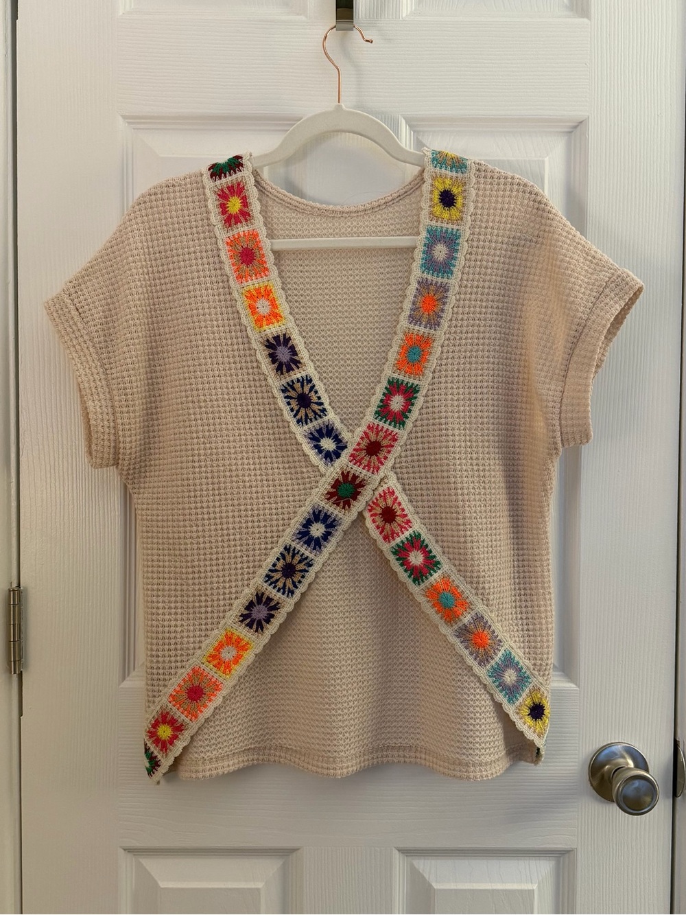 SHEIN Tan Colorful Loose Crochet Criss Cross Top Small - Picture 4 of 6